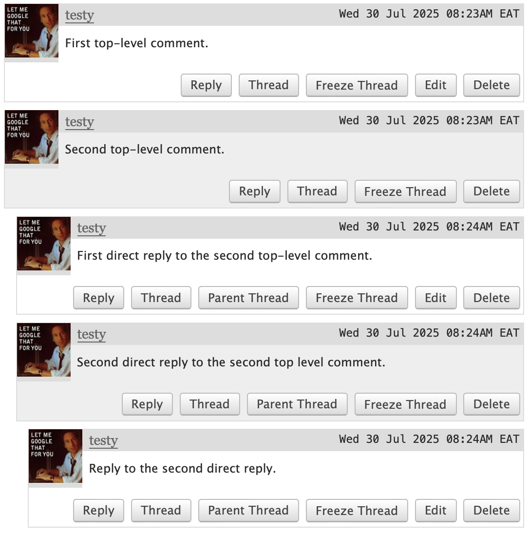 Two top-level comments, with two direct reples to the second top-level comment. The second reply also has a reply.