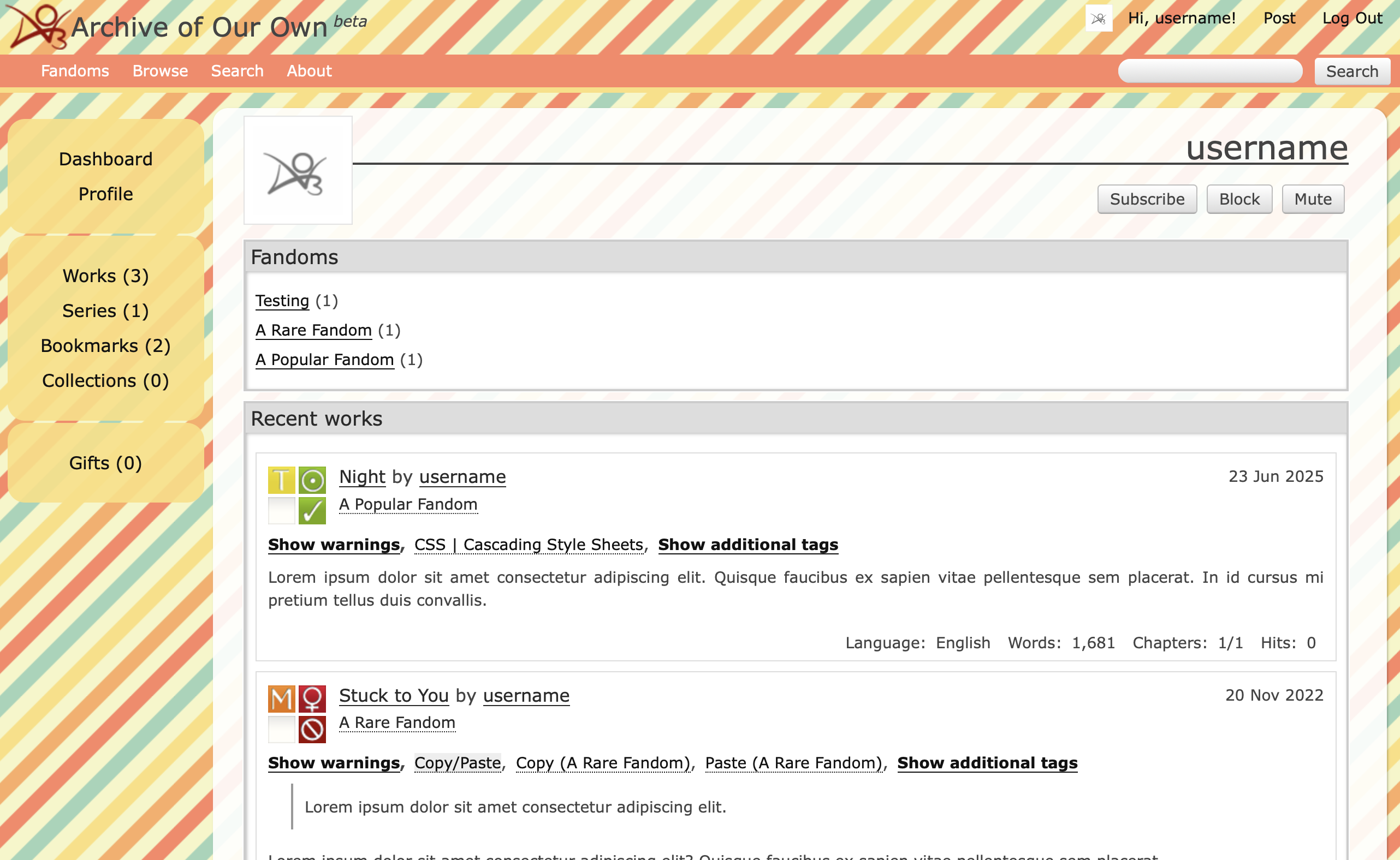 A user dashboard with our skin: a bright diagonal striped background, translucent white main content, and translucent yellow dashboard sections